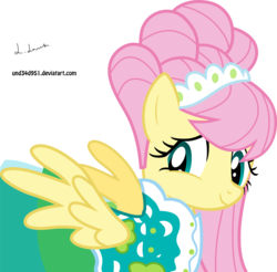Size: 2500x2456 | Tagged: safe, artist:und34d951, fluttershy, pegasus, pony, g4, green isn't your color, clothes, dress, female, flutterbeautiful, gown, high res, mare, modelshy, simple background, solo, spread wings, transparent background, vector, wings