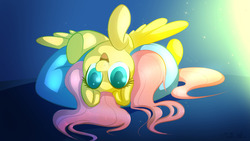 Size: 1280x720 | Tagged: safe, artist:michinix, fluttershy, pegasus, pony, g4, cute, female, mare, night, on back, open mouth, pillow, reaching, shyabetes, smiling, solo, spread wings, wings