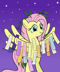 Size: 2000x2400 | Tagged: safe, artist:sazanamibd, fluttershy, pegasus, pony, g4, bamboo, bipedal, costume, female, fluttertree, high res, hooves out, looking at you, mare, night, smiling, solo, spread wings, tanabata, three quarter view, tree costume, wings