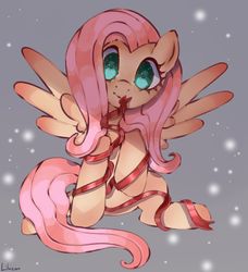 Size: 1280x1406 | Tagged: safe, artist:lilveon, fluttershy, pegasus, pony, g4, abstract background, cute, female, head tilt, looking at you, mare, ribbon, shyabetes, sitting, smiling, solo, spread wings, wings
