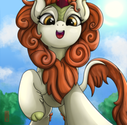 Size: 2335x2297 | Tagged: safe, artist:celsian, autumn blaze, kirin, sounds of silence, awwtumn blaze, cloven hooves, cute, female, leaves, leg fluff, looking at you, looking down, low angle, offscreen character, open mouth, pov, raised hoof, signature, smiling, solo, standing
