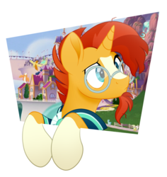 Size: 945x1000 | Tagged: safe, artist:ryuyo, sunburst, pony, unicorn, g4, cape, clothes, frame, glasses, leaning on the fourth wall, male, movie accurate, moviefied, solo, stallion