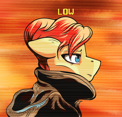 Size: 2814x2714 | Tagged: safe, artist:chaosmauser, pony, 1970s, 70s, abstract background, album cover, bust, clothes, crossover, david bowie, high res, hoodie, ponified, ponified album cover, sideways, solo