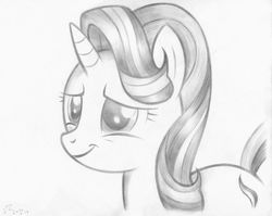 Size: 1280x1019 | Tagged: safe, artist:fladdrarblyg, starlight glimmer, pony, unicorn, g4, female, lidded eyes, mare, monochrome, simple background, smiling, solo, traditional art, white background