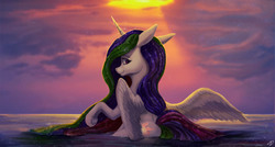 Size: 4527x2435 | Tagged: safe, artist:moondreamer16, princess celestia, alicorn, pony, g4, beach, crepuscular rays, female, looking at you, looking back, looking back at you, looking over shoulder, mare, missing accessory, solo, water
