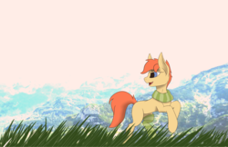 Size: 5000x3246 | Tagged: safe, artist:leesys, oc, oc only, pony, clothes, female, grass, mountain, scarf, sky, sock, solo