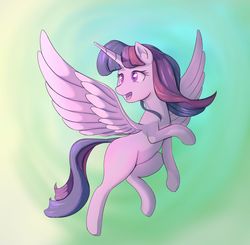 Size: 1024x1002 | Tagged: safe, artist:stratodraw, twilight sparkle, alicorn, pony, g4, abstract background, female, flying, looking back, mare, solo, twilight sparkle (alicorn)