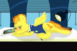 Size: 1280x853 | Tagged: safe, artist:theimmortalwolf, spitfire, pony, g4, blushing, female, looking at you, pregnant, solo