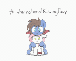 Size: 560x448 | Tagged: safe, artist:sugar morning, oc, oc only, oc:bizarre song, oc:sugar morning, pegasus, pony, g4, animated, cape, clothes, couple, cute, female, frame by frame, gif, heart, international kissing day, kiss on the lips, kissing, looking at you, male, mare, messy mane, ocbetes, perfect loop, shipping, simple background, sitting, squigglevision, stallion, straight, sugarre, text, white background