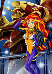 Size: 1000x1414 | Tagged: safe, artist:lord--opal, sunset shimmer, human, g4, anime, clothes, crossover, female, giant robot, humanized, lance of longinus, mecha, neon genesis evangelion, pilot, plugsuit, smiling, solo, suit