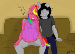 Size: 1280x924 | Tagged: safe, artist:theimmortalwolf, oc, oc only, oc:rainbow melody, oc:silent whisps, alicorn, anthro, alicorn oc, couch, duo, onomatopoeia, pregnant, sleeping, sound effects, zzz