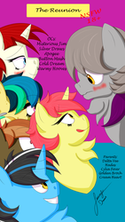 Size: 1440x2560 | Tagged: safe, artist:jimmy draws, button mash, oc, oc only, oc:apogee, oc:cold dream, oc:misterious jim, oc:silver draw, oc:warmy hooves, alicorn, earth pony, pegasus, pony, comic:the reunion, comic:the reunion (jimmy draws), g4, blushing, chest fluff, comic, cover, cute, demi-god, prince of tartarus