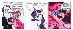 Size: 972x399 | Tagged: safe, artist:gingerfoxy, pinkie pie, rarity, earth pony, pony, unicorn, pony comic generator, g4, comic, eye scar, female, male, mare, mobster, pinstripes, scar, simple background, speech bubble, stallion, this will end in pain, white background