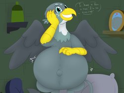 Size: 2048x1536 | Tagged: safe, artist:theimmortalwolf, gabby, griffon, belly, big belly, dialogue, female, fetish, hyper, hyper pregnancy, looking at you, outie belly button, pregnant, smiling, solo, talking to viewer