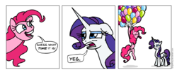 Size: 978x404 | Tagged: safe, artist:gingerfoxy, pinkie pie, rarity, earth pony, pony, unicorn, pony comic generator, g4, balloon, buzzkill, comic, duo, female, mare, open mouth, simple background, speech bubble, tongue out, white background