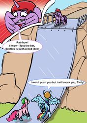 Size: 1920x2716 | Tagged: safe, artist:lizardwithhat, pinkie pie, rainbow dash, twilight sparkle, alicorn, earth pony, pegasus, pony, g4, dialogue, fearful, female, helmet, hoverboard, mare, newbie artist training grounds, simple background, speech bubble, twilight sparkle (alicorn), unhappy, wing hands, wings