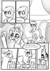 Size: 1493x2125 | Tagged: safe, artist:provolonepone, applejack, rarity, earth pony, pony, unicorn, comic:a sapphic story, g4, carousel boutique, clothes, comic, cute, dress, glasses, jackabetes, mirror, raribetes, rarity's glasses