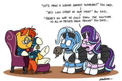 Size: 7571x5059 | Tagged: safe, artist:bobthedalek, starlight glimmer, sunburst, trixie, pony, unicorn, g4, armchair, atg 2019, bathrobe, bell, chair, clothes, didn't think this through, duster, female, frilly socks, high heels, inconvenient trixie, king sunburst, kneesocks, like a boss, lost bet, maid, male, mare, mouth hold, newbie artist training grounds, robe, shoes, smug, socks, stallion, starlight glimmer is not amused, sunburst is a goddamn genius, sweat, sweatdrop, unamused