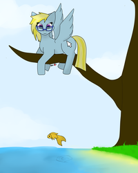 Size: 4000x5000 | Tagged: safe, artist:viatour, oc, oc only, oc:cloud cuddler, fish, pegasus, pony, female, glasses, lake, mouse cursor, pegasus oc, solo, tree, tree branch, ych result