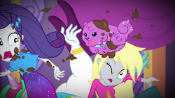 Size: 1920x1080 | Tagged: safe, screencap, bulk biceps, derpy hooves, princess thunder guts, rarity, dog, equestria girls, g4, lost and pound, lost and pound: rarity, my little pony equestria girls: choose your own ending, autumn, chase, looking at someone, looking at something, marshmelodrama, mud, one eye closed, one eye open, photo booth, running, ship:derpybulk