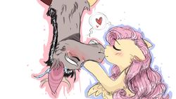 Size: 1280x720 | Tagged: safe, artist:candyeater9115, artist:fluttershyfilly-yay, discord, fluttershy, draconequus, pegasus, pony, g4, blushing, bust, collaboration, cute, discute, eyes closed, female, heart, kissing, male, mare, outline, pictogram, ship:discoshy, shipping, shyabetes, simple background, spiderman kiss, straight, upside down, upside down kiss, white background, wings