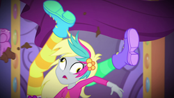 Size: 1920x1080 | Tagged: safe, screencap, bulk biceps, derpy hooves, princess thunder guts, equestria girls, g4, lost and pound, lost and pound: rarity, my little pony equestria girls: choose your own ending, clothes, falling, knocked silly, legs in air, photo booth, ship:derpybulk, shoes, socks, striped socks, thigh highs, wall eyed