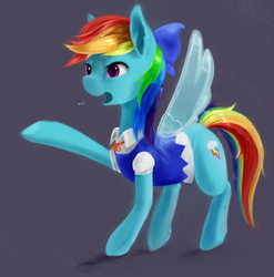 Size: 2576x2608 | Tagged: safe, artist:usager, rainbow dash, pony, g4, 4chan, bow, cirno, clothes, colored, cosplay, costume, crossover, cute, dashabetes, drawthread, dress, female, gray background, hair bow, high res, mare, rainbow dash always dresses in style, simple background, solo, touhou