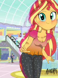 Size: 1800x2400 | Tagged: safe, artist:artmlpk, aqua blossom, diamond tiara, scribble dee, sunset shimmer, velvet sky, human, equestria girls, equestria girls specials, g4, my little pony equestria girls: movie magic, alternate hairstyle, background human, blushing, canterlot mall, cute, female, mall, peace sign, screencap background, shimmerbetes, solo focus