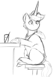 Size: 1376x1960 | Tagged: safe, artist:flashnoteart, oc, oc only, oc:flashnote, pony, unicorn, clothes, hoodie, lineart, male, monochrome, sitting, sketch, solo
