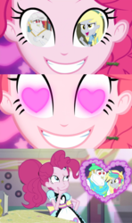 Size: 720x1215 | Tagged: safe, artist:alphamonouryuuken, edit, edited screencap, screencap, pinkie pie, coinky-dink world, equestria girls, g4, lost and pound, lost and pound: rarity, my little pony equestria girls: better together, my little pony equestria girls: summertime shorts, discovery family logo, exploitable, female, heart eyes, male, meme, pinkie the shipper, pinkie's eyes, ship:derpybulk, shipper on deck, shipper pie, shipping, straight, wingding eyes