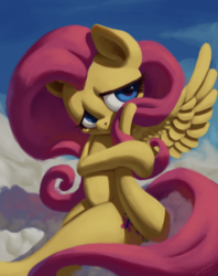 Size: 4365x5501 | Tagged: dead source, safe, artist:mindofor, fluttershy, pegasus, pony, g4, absurd resolution, cloud, female, looking at you, looking sideways, mare, self-hugging, shy, sitting, sky, solo, spread wings, wings