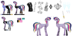 Size: 9921x4960 | Tagged: safe, artist:moonlight0shadow0, oc, oc only, oc:starbright sword, pony, unicorn, icey-verse, absurd resolution, badge, belt, boots, choker, clothes, ear piercing, earring, elbow pads, female, hat, jeans, jewelry, knee pads, lip piercing, mare, multicolored hair, offspring, pants, parent:princess cadance, parent:shining armor, parents:shiningcadance, piercing, police, police badge, police hat, police officer, police uniform, reference sheet, scar, shirt, shoes, simple background, socks, solo, spiked choker, spiked wristband, striped socks, sunglasses, t-shirt, tank top, tattoo, trans female, transgender, transparent background, unshorn fetlocks, vest, wall of tags, wristband