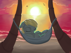 Size: 2245x1668 | Tagged: dead source, safe, artist:coldmix, derpy hooves, pony, g4, beach, cute, derpabetes, female, hammock, scenery, sleeping, solo, sunset