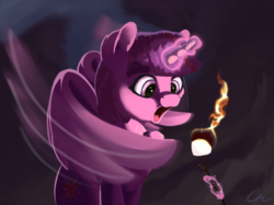 Size: 3207x2396 | Tagged: safe, artist:coldmix, twilight sparkle, alicorn, pony, g4, burning, female, fire, flapping wings, food, glowing horn, high res, horn, magic, marshmallow, roasted marshmallow, signature, solo, stick, telekinesis, twilight sparkle (alicorn), wings