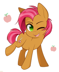 Size: 656x800 | Tagged: safe, artist:higglytownhero, babs seed, earth pony, pony, g4, adorababs, apple, cute, cute little fangs, fangs, female, filly, foal, food, freckles, one eye closed, open mouth, pixiv, raised hoof, raised leg, simple background, solo, white background, wink