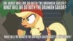 Size: 639x361 | Tagged: safe, edit, edited screencap, editor:undeadponysoldier, screencap, applejack, earth pony, pony, g4, ppov, angry, applejack is best facemaker, captain jackbeard, caption, clothes, drunken sailor, female, hat, image macro, mare, open mouth, pointing, solo, song reference, text