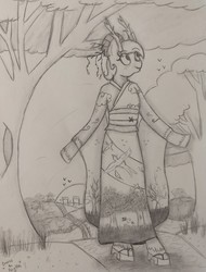 Size: 2527x3326 | Tagged: safe, artist:breeze the peryton, oc, oc:breeze the peryton, bird, deer, hybrid, original species, anthro, anthro oc, art, clothes, drawing, female, geta shoes, grass, high res, japan, kimono (clothing), pencil drawing, photo, sunset, traditional art, tree