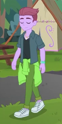 Size: 183x366 | Tagged: safe, screencap, duke suave, equestria girls, equestria girls series, five lines you need to stand in, g4, spoiler:eqg series (season 2), background human, clothes, cropped, eyes closed, male, pants, shoes, sneakers, solo