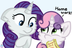 Size: 1421x949 | Tagged: safe, artist:rainbow eevee, rarity, sweetie belle, pony, g4, atg 2019, dialogue, duo, female, homework, mouth hold, newbie artist training grounds, paper, siblings, simple background, sisters, white background