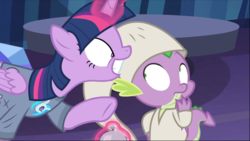 Size: 1373x774 | Tagged: safe, screencap, spike, twilight sparkle, alicorn, dragon, pony, a trivial pursuit, g4, cropped, duo, female, glowing horn, hat, horn, levitation, looking at each other, magic, male, nightcap, nightshirt, telekinesis, twilight sparkle (alicorn), wide eyes, winged spike, wings