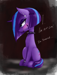 Size: 1000x1300 | Tagged: safe, artist:t72b, derpibooru exclusive, starlight glimmer, pony, unicorn, g4, alternate hairstyle, atg 2019, blushing, choker, denial, ear piercing, edgelight glimmer, female, gauges, glimmer goth, goth, jewelry, makeup, mare, newbie artist training grounds, piercing, sitting, solo, spiked choker, teenage glimmer, tsundere, tsunlight glimmer