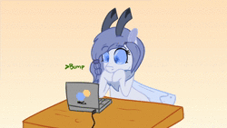 Size: 1920x1080 | Tagged: safe, artist:anonymous, oc, oc:dura, monster pony, moth, mothpony, original species, 4chan, animated, antennae, blinking, bump, computer, greentext, hexagon, laptop computer, loop, no sound, solo, table, text, waiting, webm
