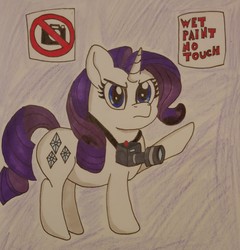 Size: 2190x2283 | Tagged: safe, artist:iffoundreturntorarity, rarity, pony, unicorn, g4, angry, atg 2019, camera, female, first world anarchist, frown, fuck the police, glare, high res, looking at you, mare, newbie artist training grounds, pure unfiltered evil, raised hoof, sign, solo, text, touch, touching, traditional art, we got a badass over here