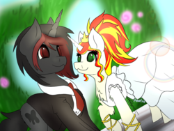 Size: 789x594 | Tagged: safe, alternate version, artist:noxi1_48, oc, oc only, oc:dante, oc:qc, pony, unicorn, clothes, commission, couple, digital art, dress, duo, fluffy, happy, heart, looking at each other, looking at someone, love, marriage, ornament, tuxedo, wedding, wedding dress