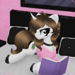 Size: 3000x3000 | Tagged: safe, artist:darkest-lunar-flower, oc, oc only, pony, unicorn, bed, bedsheets, book, choker, fluffy, high res, looking at something, open book, pillow, smiling