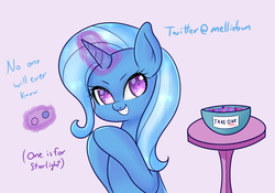 Size: 2000x1400 | Tagged: safe, artist:melliedraws, trixie, pony, unicorn, g4, atg 2019, bowl, candy, cute, diatrixes, female, food, glowing horn, grin, horn, implied starlight glimmer, magic, mare, newbie artist training grounds, pure unfiltered evil, rubbing hooves, smiling, solo, table, telekinesis