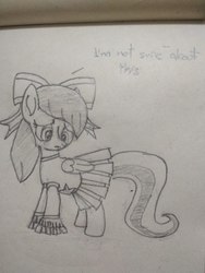 Size: 3120x4160 | Tagged: safe, artist:anonymous, barley barrel, pegasus, pony, g4, my little pony: rainbow roadtrip, cheerleader outfit, female, filly, monochrome, pencil drawing, photo, solo, traditional art