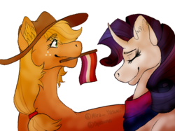 Size: 1890x1417 | Tagged: safe, artist:oyabunn, applejack, rarity, pony, g4, bisexual pride flag, cute, female, jackabetes, lesbian, lesbian pride flag, pride, raribetes, ship:rarijack, shipping