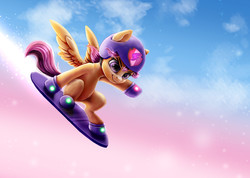 Size: 4000x2850 | Tagged: safe, artist:rysunkowasucharia, scootaloo, pegasus, pony, g4, atg 2019, belly, female, filly, happy, helmet, high res, hoof shoes, newbie artist training grounds, sky, smiling, snowboard, solo, spread wings, wings