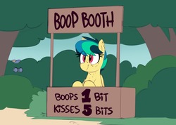 Size: 1525x1085 | Tagged: safe, artist:shinodage, oc, oc only, oc:apogee, pegasus, pony, angry eyes, apogees boop booth, boop, boop booth, bush, duo, fbi, female, filly, freckles, hiding, kissing, kissing booth, solo focus, this will end in jail time, when you see it